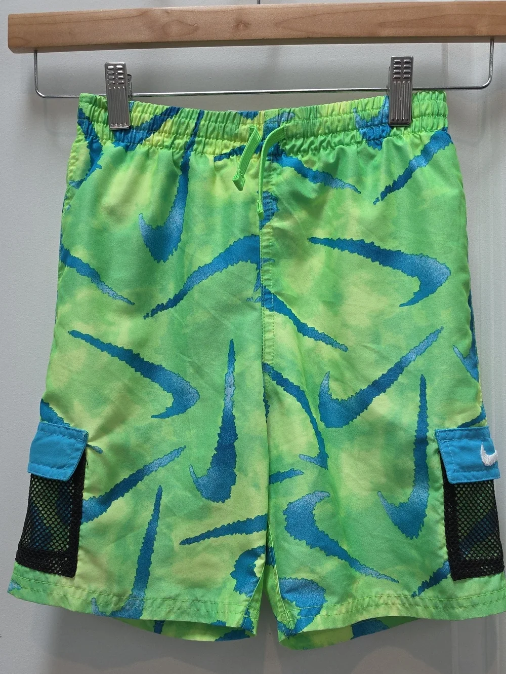 Nike Neon Green Swim Trunks with Blue Swoosh Print